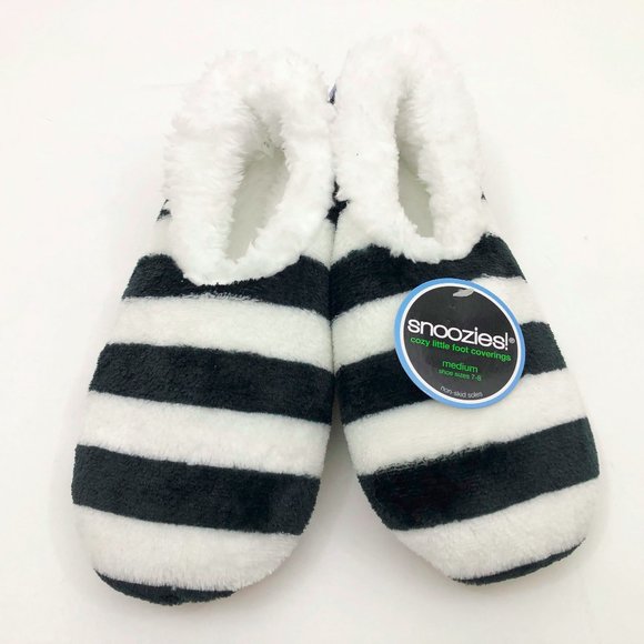 NWT Snoozies Women's Slippers Black & White Stripes Med 7/8 - Picture 1 of 6